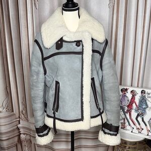 All Saints Cream sheep skin and baby blue and brown Jacket